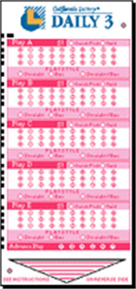 Using a Lottery playslip, which you can find at any Lottery retailer, pick 3 numbers between 0 and 9. . Ca lottery daily 3